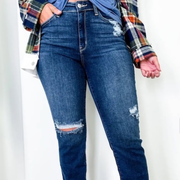 Judy Blue Boyfriend Fit Distressed High Waist Stretch Dark Wash 15/32 - Picture 1 of 14